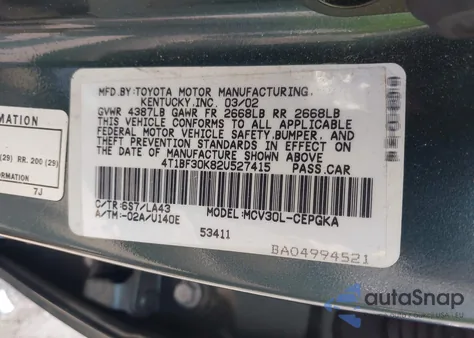 2002 Toyota Camry Xle V6 from USA, damaged, VIN 4T1BF30K82U527415